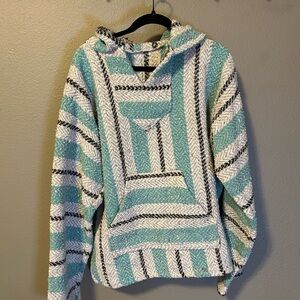 Striped Teal and White Hooded poncho
